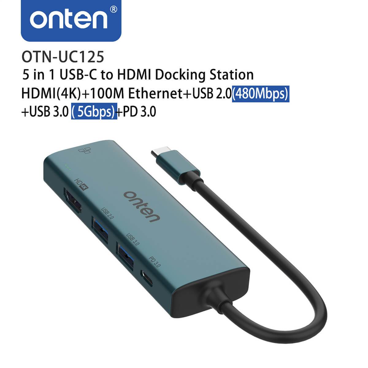 Compact and sleek Onten UC125 5 in 1 USB-C to HDMI Docking Station with high-speed USB ports, Ethernet, and HDMI 4K output for seamless connectivity.